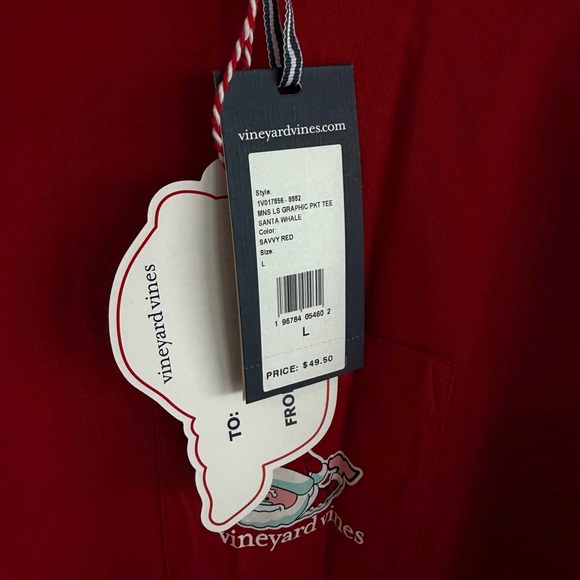 NWT Vineyard Vines Santa Whale Christmas Red Long Sleeve Graphic Pocket Tee - Picture 6 of 9